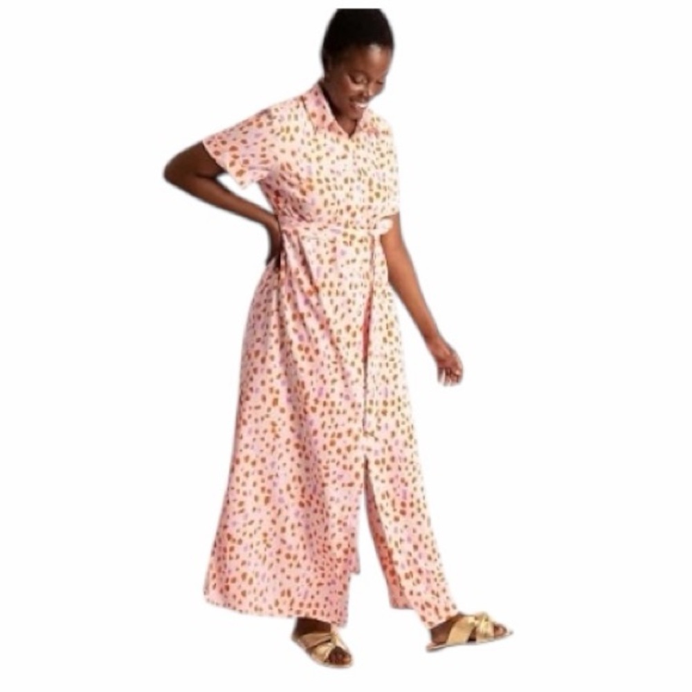 Eloquii Pink Printed Shirt Maxi Dress with Waist Tie